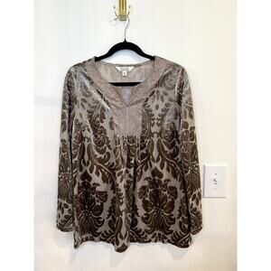 Krazy Kat Velvet Burnout Top Womens Small Boho Embroidered Tunic Long Sleeve